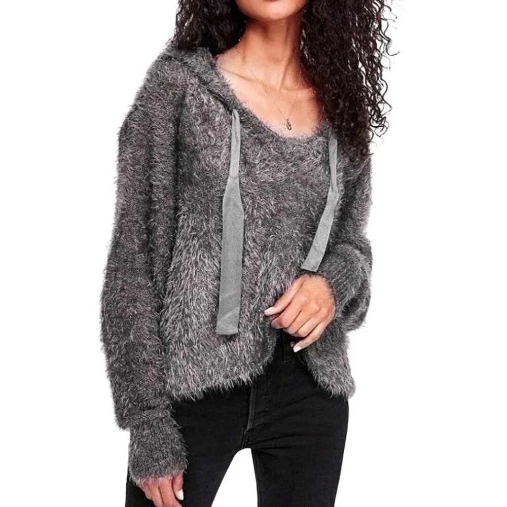 Free People Light As A Feather Gray Eyelash Hoodie Cozy Oversized Size S